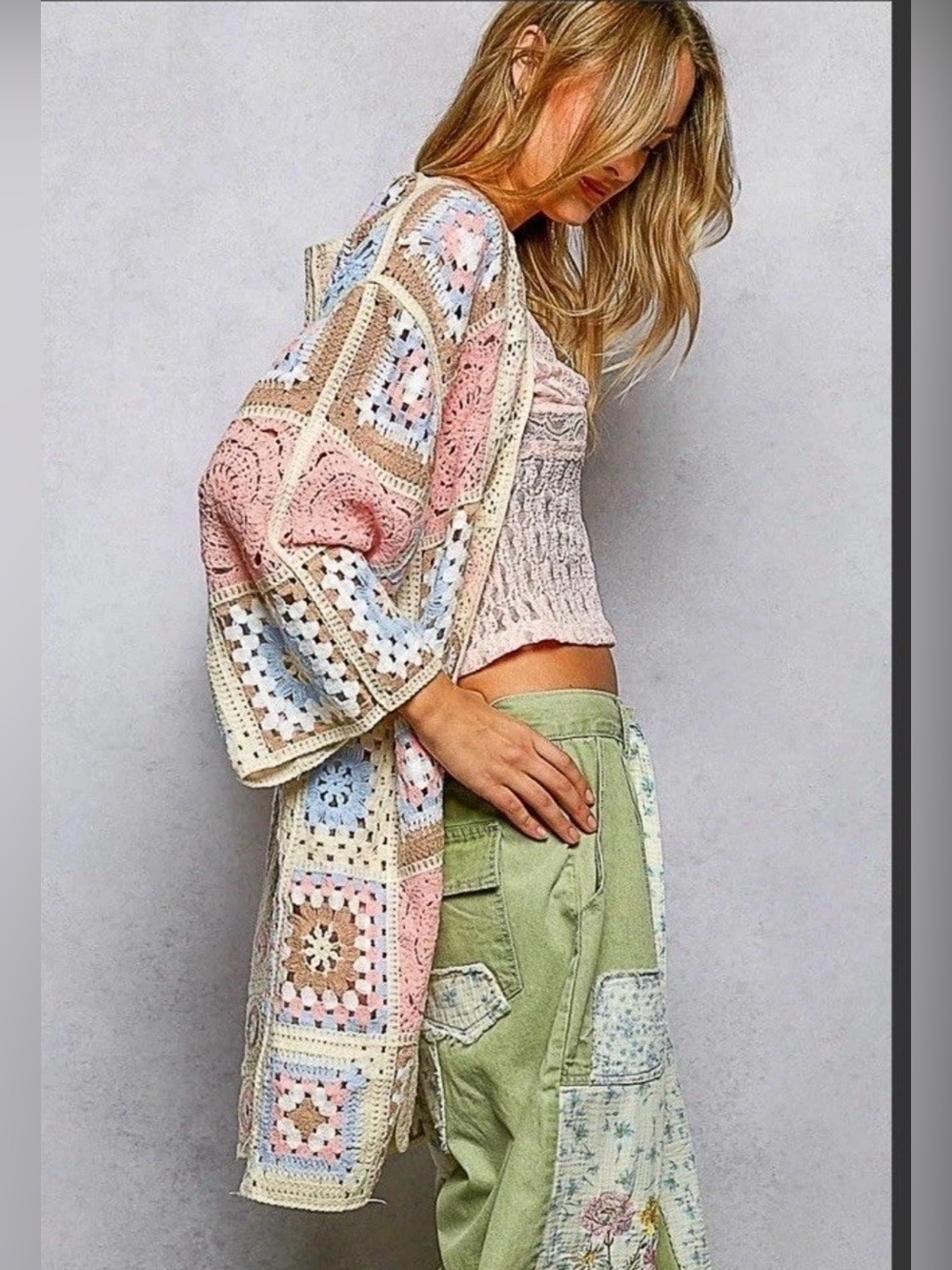 POL Bohemian Granny Square Crochet Cardigan - Pastels *New